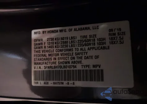 2020 Honda Odyssey Ex-L/Ex-L W/Navi Res z USA, uszkodzony, nr VIN 5FNRL6H70LB010794